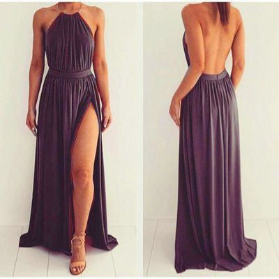 dusty purple prom Dress,slit Prom Dress,chiffon prom dress, backless prom dress,evening dress,BD607