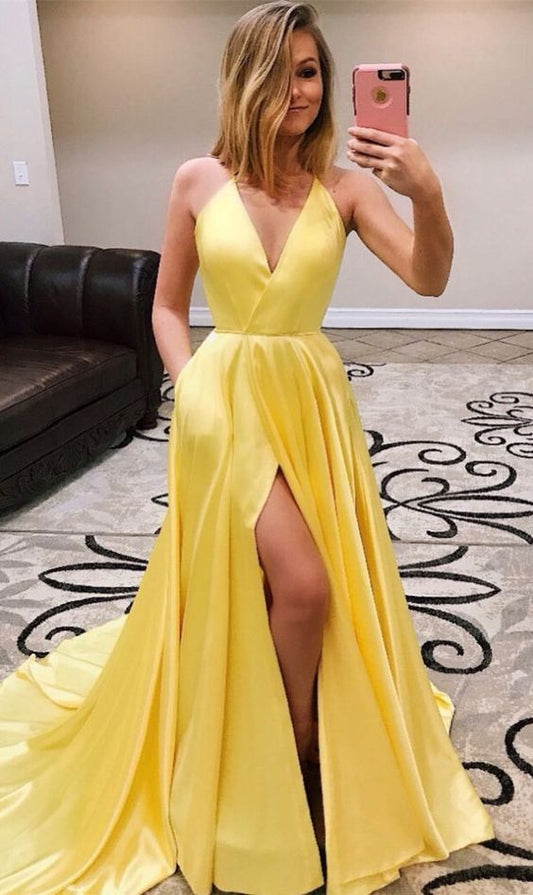 bright yellow simple v-neck side slit long prom dress, HO239