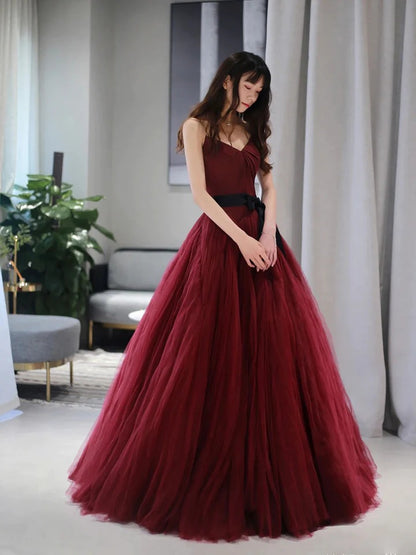 Burgundy v neck tulle long prom dress burgundy tulle formal dress,BD22231