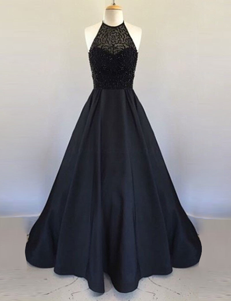 A-line Prom Dresses,Halter Prom Dress,Black Prom Dresses,Sleeveless Prom Dress,Cheap Prom Dresses,PD00178