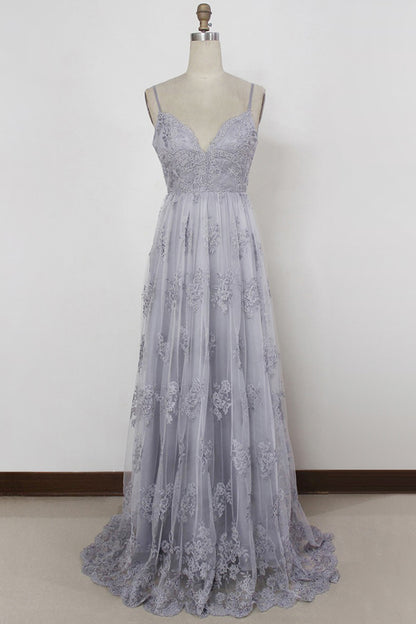 Sheath Spaghetti Straps Sweep Train Backless Lavender Tulle Prom Dress with Appliques,PD455841