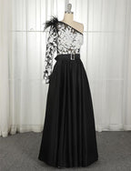 One Shoulder Long Sleeves Black Prom Dress With Belt Beading Evening Dress, BH91239