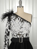 One Shoulder Long Sleeves Black Prom Dress With Belt Beading Evening Dress, BH91239