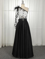 One Shoulder Long Sleeves Black Prom Dress With Belt Beading Evening Dress, BH91239