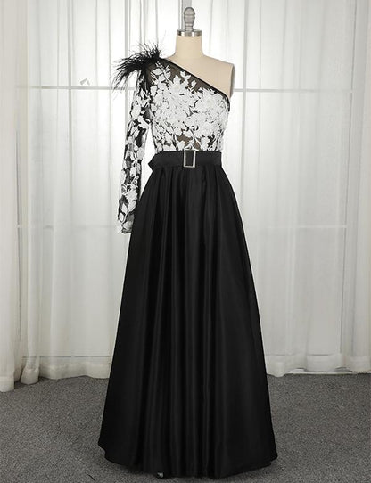One Shoulder Long Sleeves Black Prom Dress With Belt Beading Evening Dress, BH91239