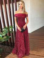 Classy Off The Shoulder Long Prom Dress With Appliques Burgundy Evening Gown, BH91243