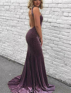 Halter Mermaid Prom Dress With Split Beading Grape Backless Evening Gown, BH91234
