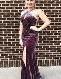 Halter Mermaid Prom Dress With Split Beading Grape Backless Evening Gown, BH91234