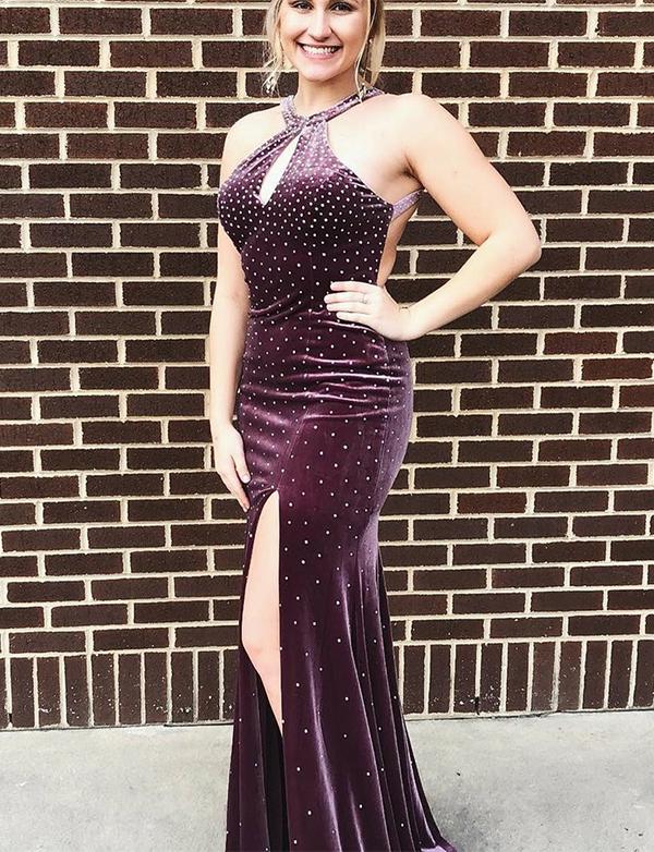 Halter Mermaid Prom Dress With Split Beading Grape Backless Evening Gown, BH91234