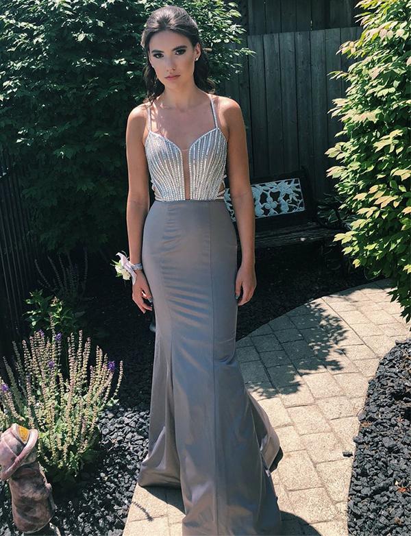Spaghetti Straps Grey Prom Dress With Beading Open Back Mermaid Evening Dress, BH91249