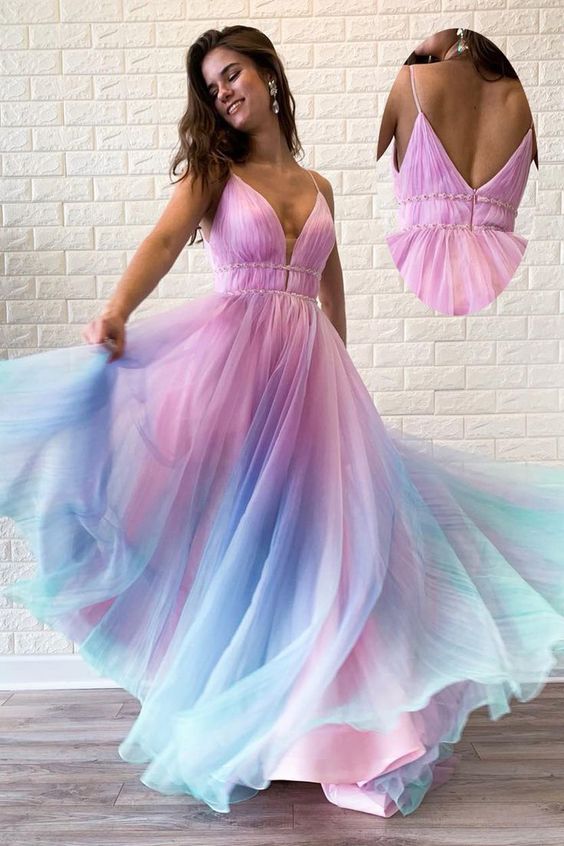 chic spaghetti straps v-neck colorful long prom dress, HO233