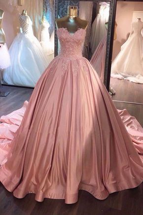 Sweetheart lace appliques pink satin long strapless A-line prom dress, ball gown, PD4558897