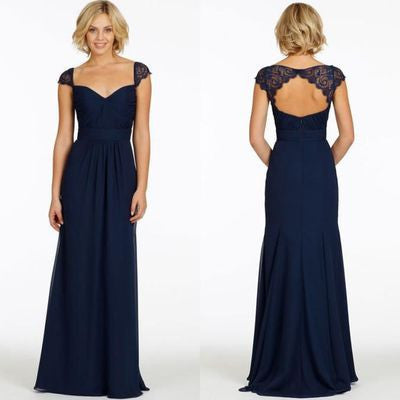 navy bridesmaid dress,Long bridesmaid dress,cap sleeves bridesmaid dress,BD446