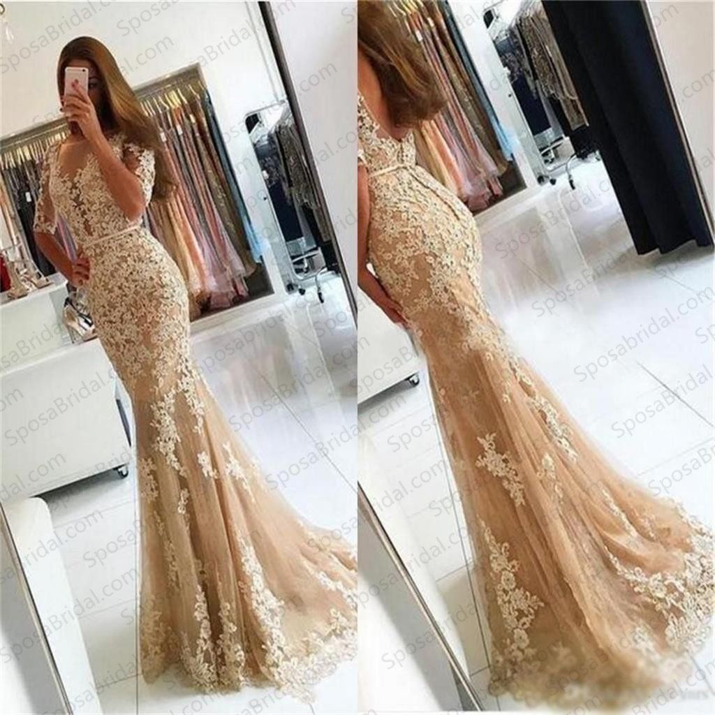 Charming Lace Yellow Mermaid Popular Prom Dress, Half Sleeves Prom Dresses, Evening Dress,BD51466