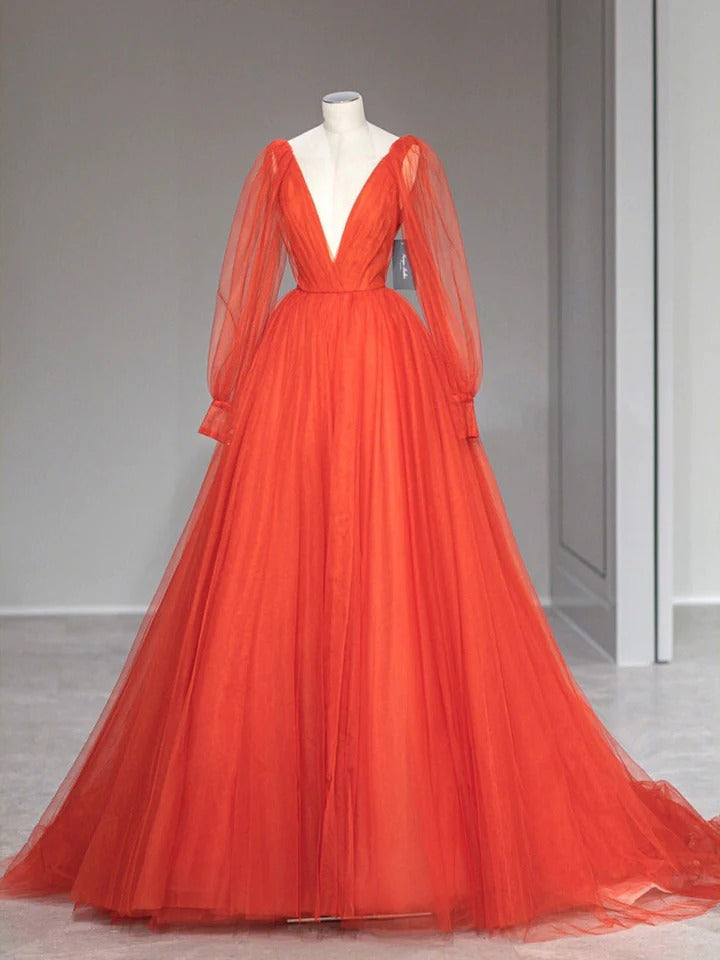 V neck A line orange long prom dress