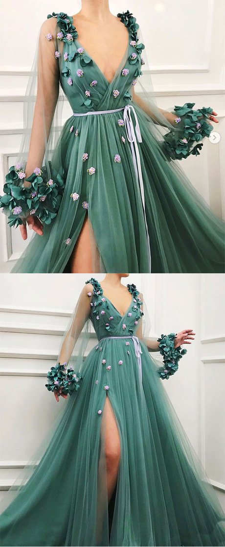 dusty green tulle v-neck long sleeves prom dress with side slit,HO188