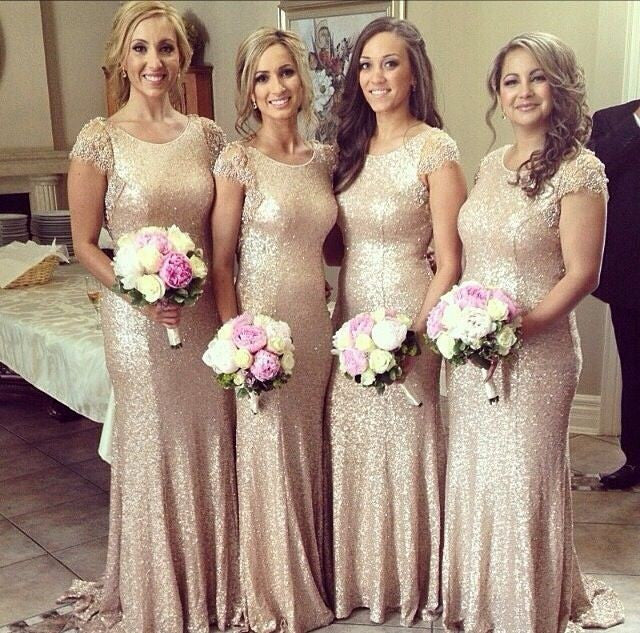 Sequin bridesmaid dress,long bridesmaid dress,glittery bridesmaid dress,cap sleeves bridesmaid dress,BD029