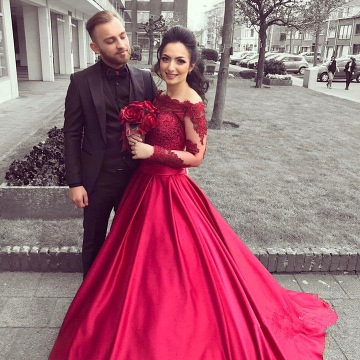 burgundy off shoulder prom dress long sleeves ball gown, HO227