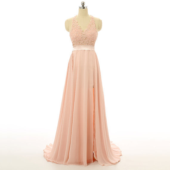 blush pink bridesmaid dress,long bridesmaid dress,lace bridesmaid dress,cheap prom dress,BD407