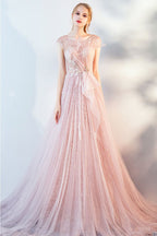 light pink cap sleeves tulle long prom dress,HO161