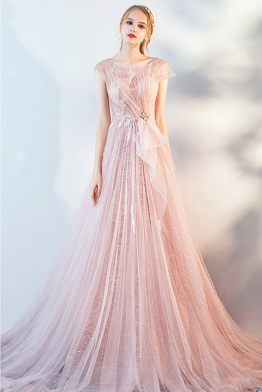 light pink cap sleeves tulle long prom dress,HO161