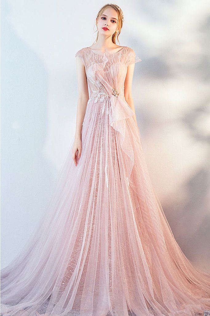 light pink cap sleeves tulle long prom dress,HO161