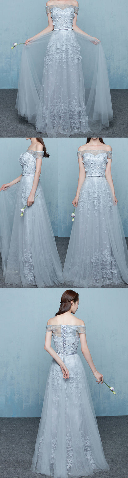 Elegant Grey Off Shoulder Beading Lace Appliques Vintage Lace Up A-line Long Prom DressesBD78