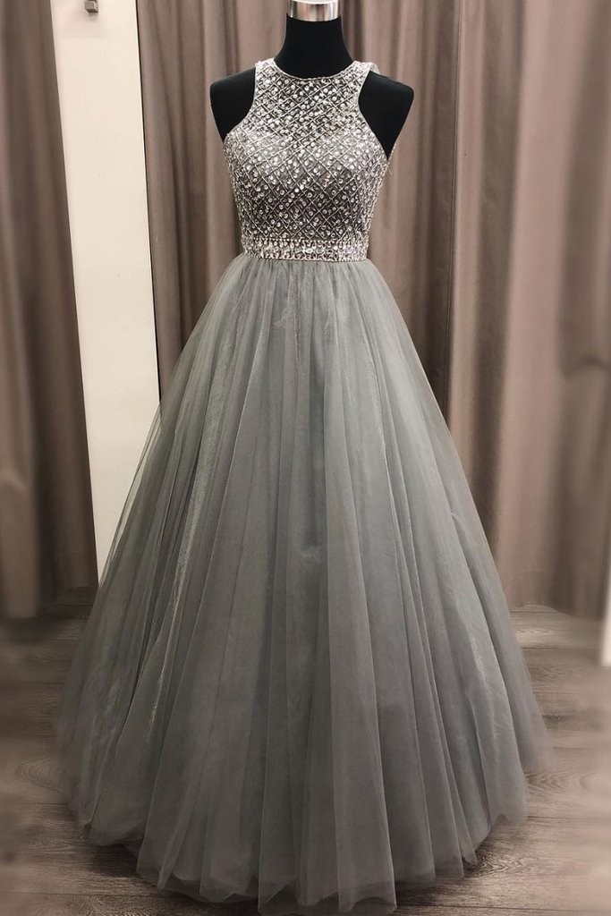 charming formal light grey A-line tulle beaded long prom dress,HO153