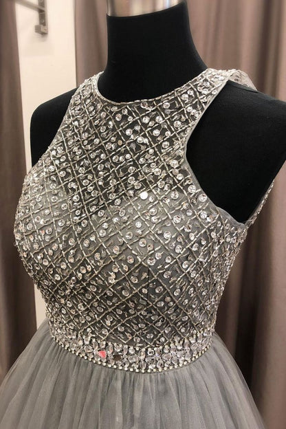 charming formal light grey A-line tulle beaded long prom dress,HO153