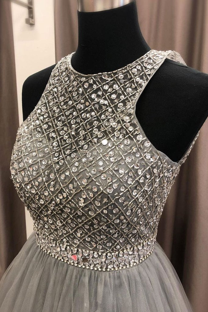 charming formal light grey A-line tulle beaded long prom dress,HO153