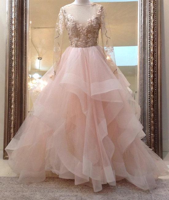 light pink tulle A-line long sleeves backless princess prom dress, HO220