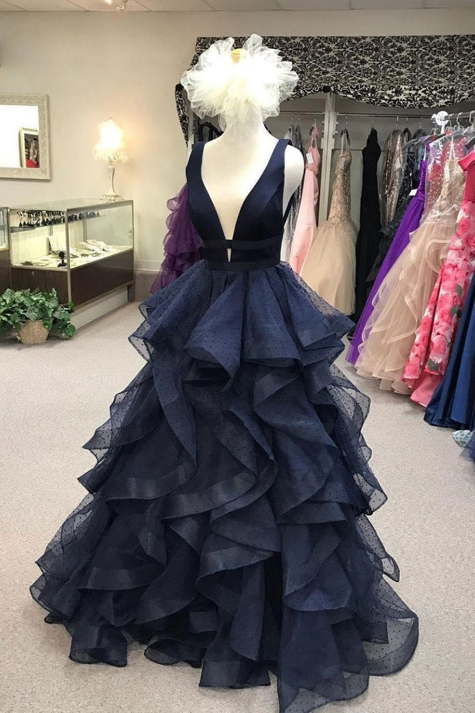 navy blue tulle charming fluffy prom dress long v-neck party dress,HO166