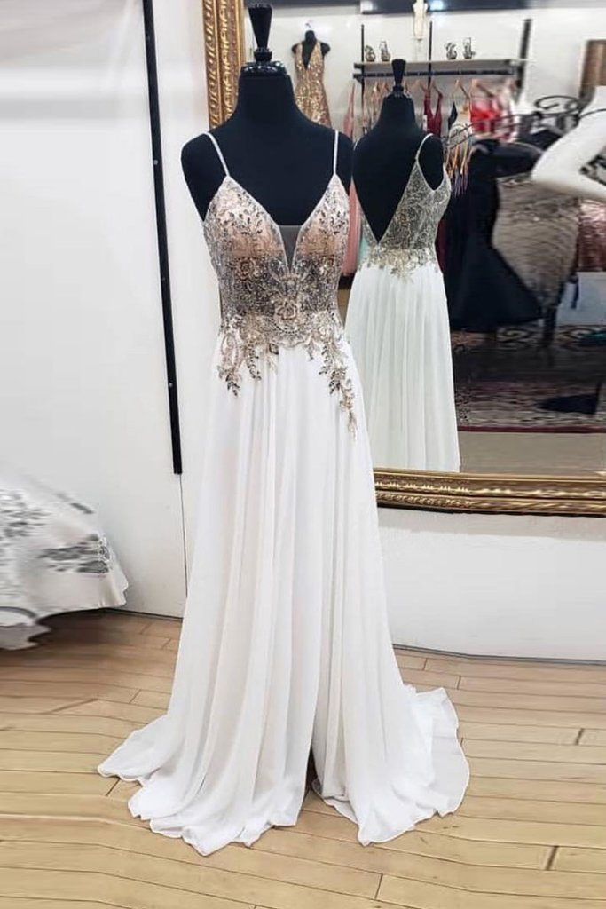 spaghetti straps white chiffon beaded prom dress long party dress with side slit,HO167