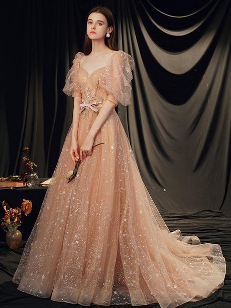 Champagne sweetheart tulle lace long prom dresses lace formal dresses,PD2208