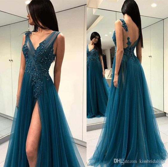 teal green tulle long prom dress side slit charming evening dress, HO224