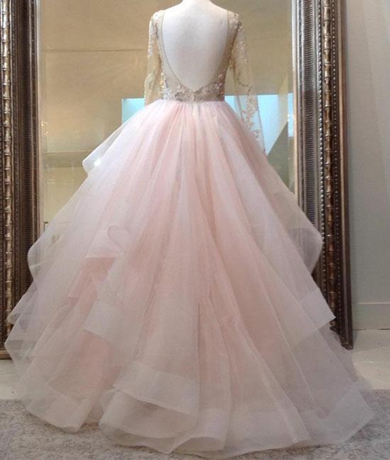 light pink tulle A-line long sleeves backless princess prom dress, HO220