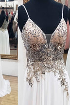 spaghetti straps white chiffon beaded prom dress long party dress with side slit,HO167