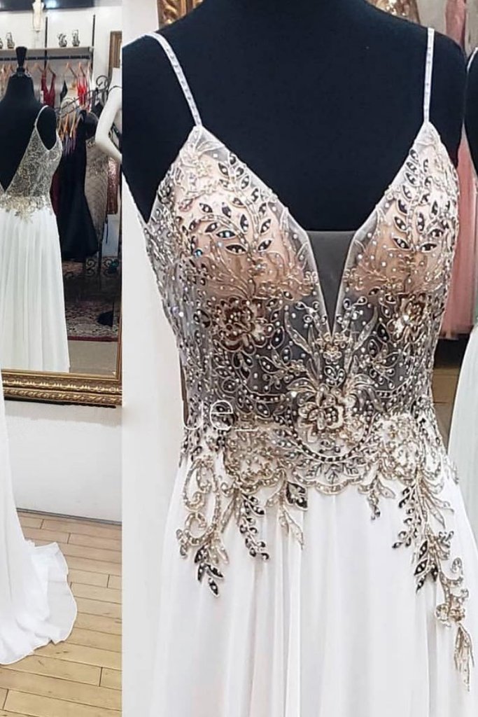 spaghetti straps white chiffon beaded prom dress long party dress with side slit,HO167