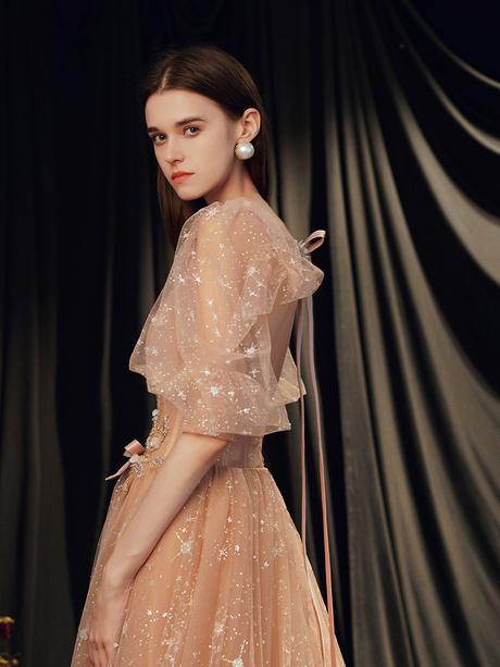 Champagne sweetheart tulle lace long prom dresses lace formal dresses,PD2208