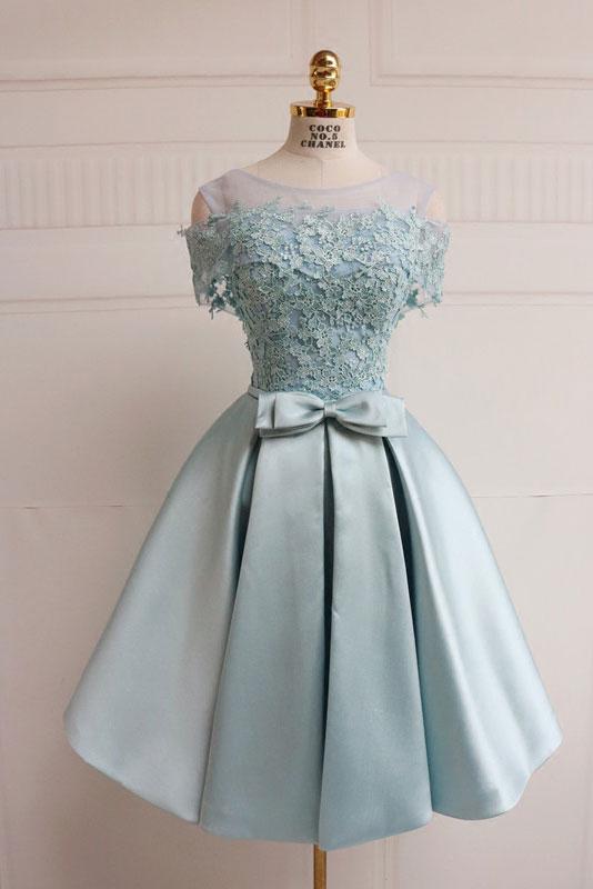 short dusty blue blue short sleeves simple cheap prom dress,HD687