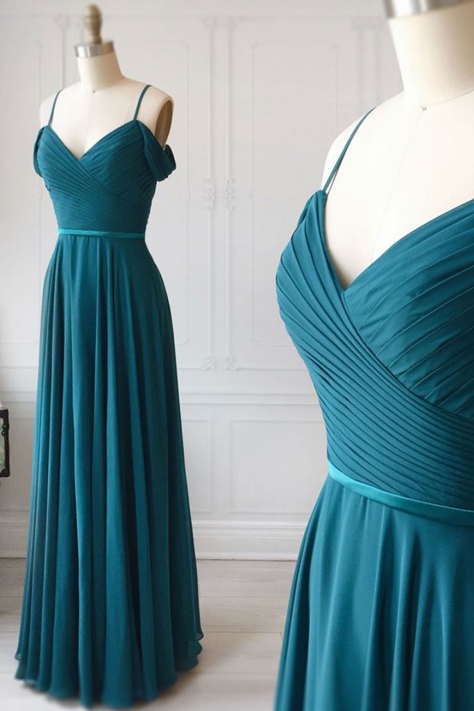 spaghetti straps teal chiffon cheap simple long prom dress,HO154