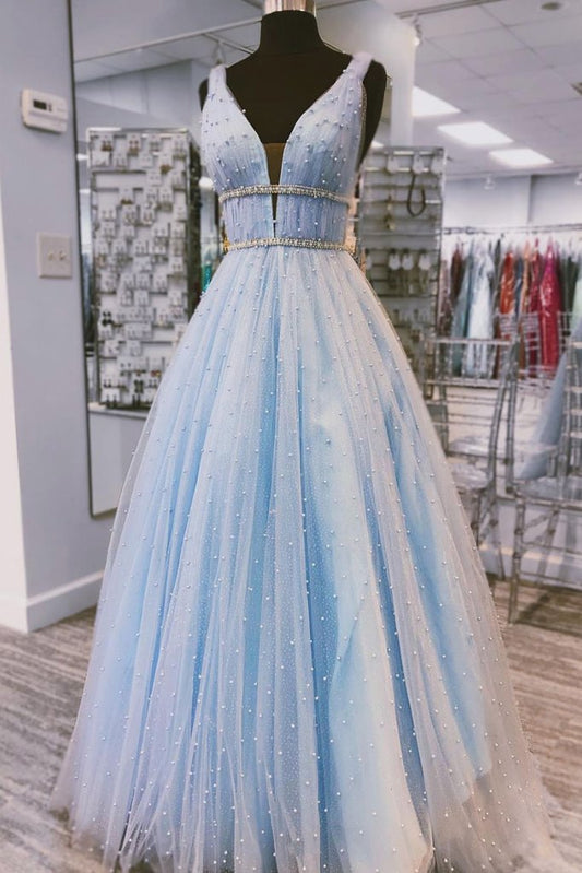 v-neck light blue tulle beaded prom dress long party dress,HO169