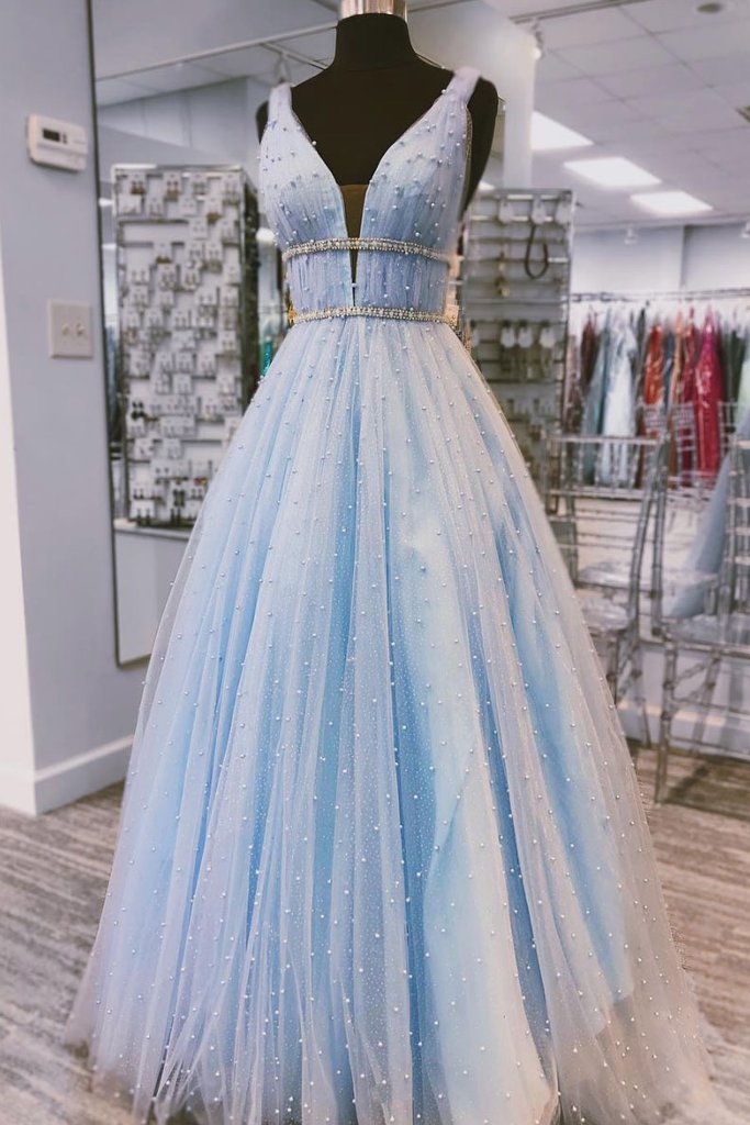 v-neck light blue tulle beaded prom dress long party dress,HO169