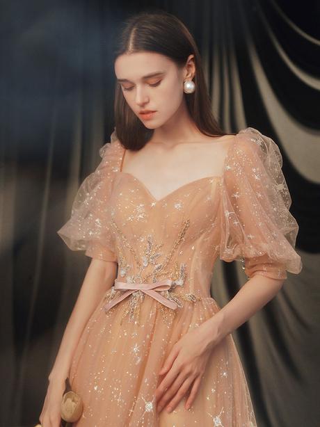 Champagne sweetheart tulle lace long prom dresses lace formal dresses,PD2208
