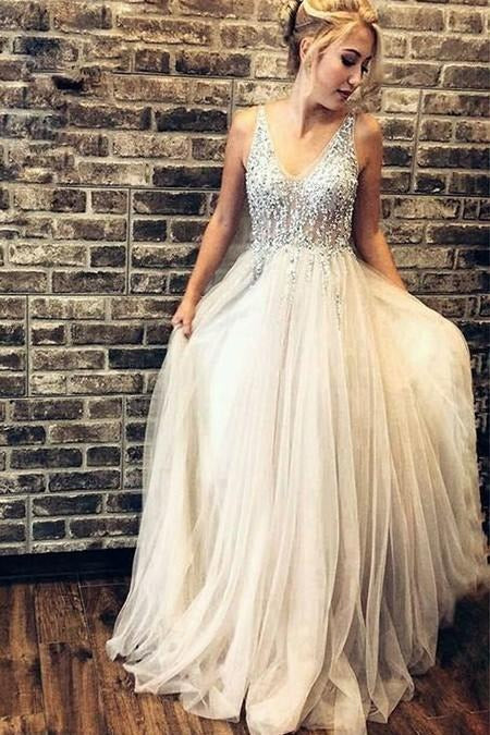 New Arrival A Line Gray V Neck Beaded Sleeveless Long Prom Dresses,BD22186