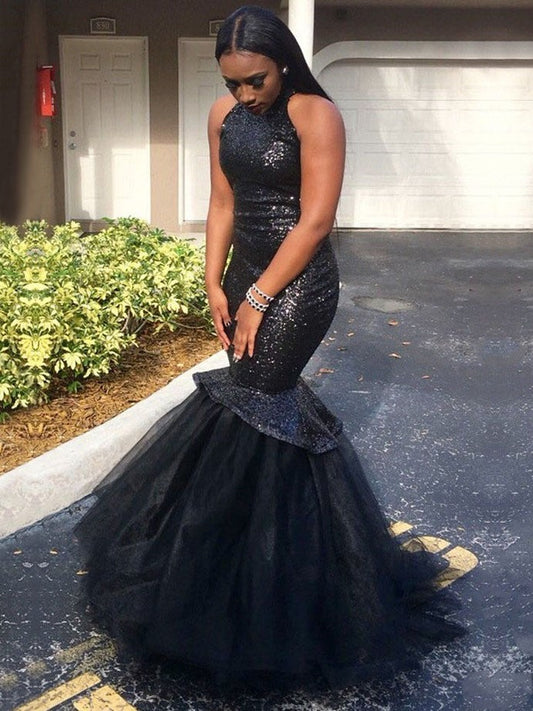 Mermaid Black Sleeveless Tulle Sequence Backless African American Long Prom Dresses,BD22182