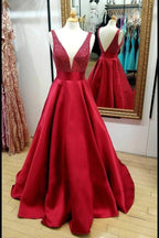 Elegant A Line Satin Red Beaded V Neck Backless Long Prom Dresses,BD22180