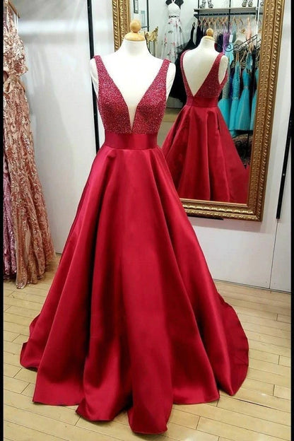 Elegant A Line Satin Red Beaded V Neck Backless Long Prom Dresses,BD22180