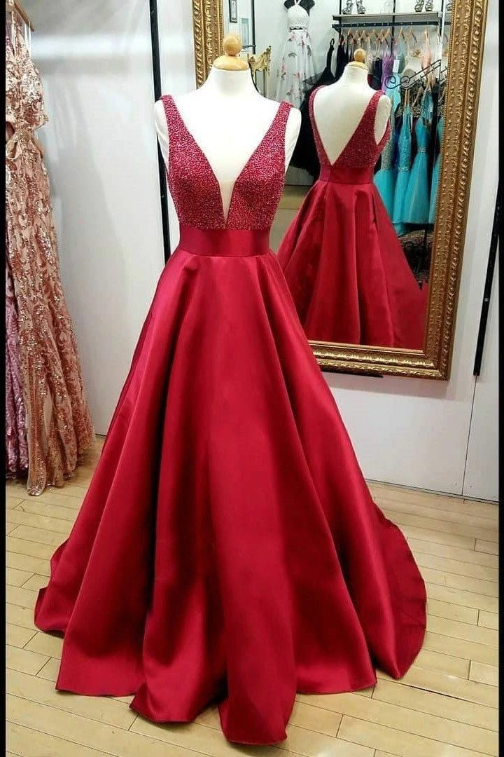 Elegant A Line Satin Red Beaded V Neck Backless Long Prom Dresses,BD22180