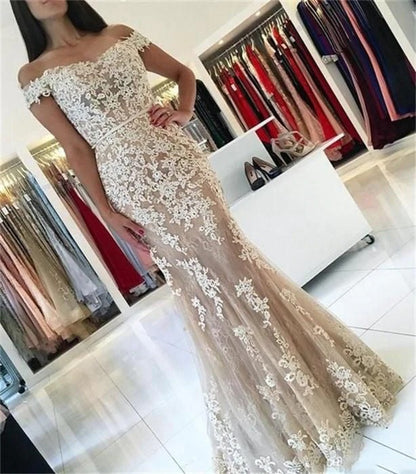 Amazing Mermaid Off Shoulder Sweetheart Tulle Champagne and White Appliques Long Prom Dress BD22135
